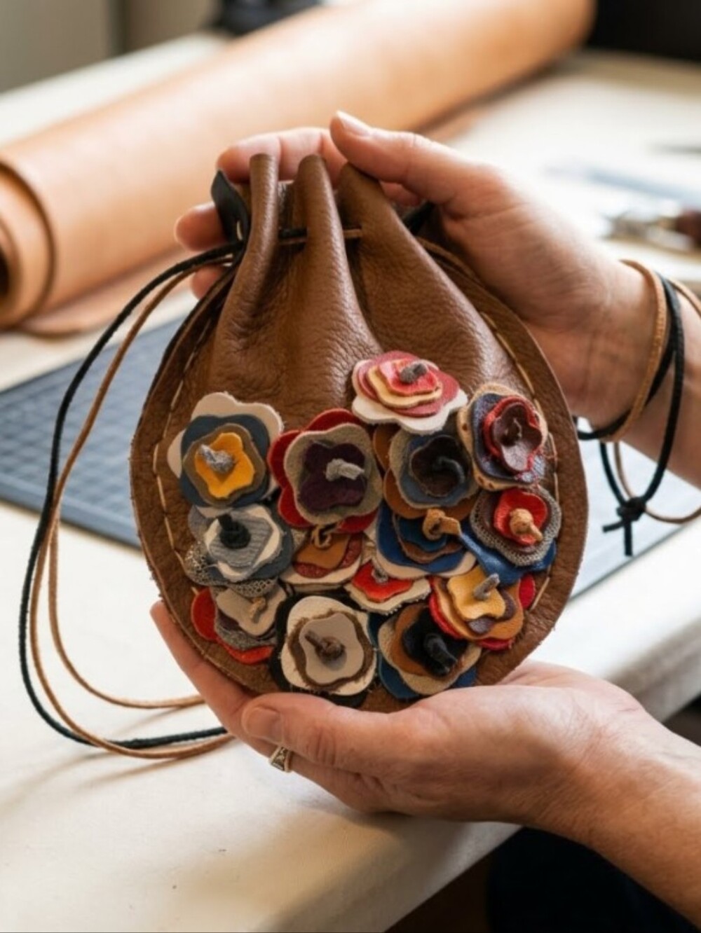 Handmade Genuine Leather Tan/Black Trinket Pouch Multi Color Flower Rosette